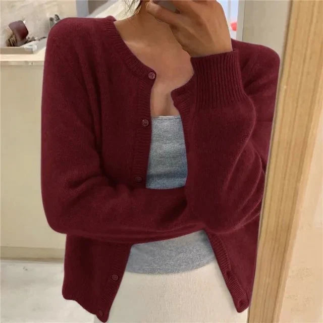 Women's Cropped Button Front Long Sleeve Cardigan Sweater Bordeaux Red