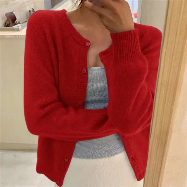 Women's Cropped Button Front Long Sleeve Cardigan Sweater Red