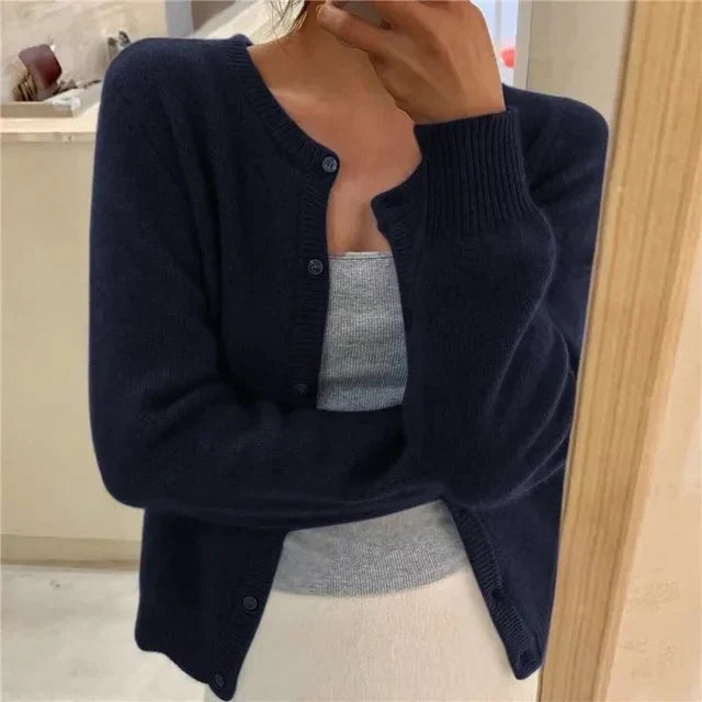 Women's Cropped Button Front Long Sleeve Cardigan Sweater Navy Blue