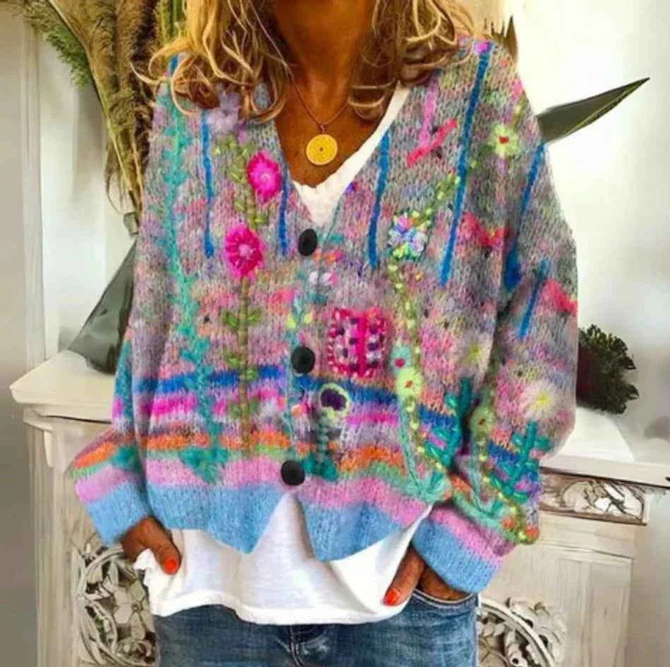 Women's Floral Embroidery V-Neck Cardigan Sweater