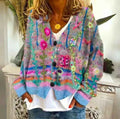 Women's V-neck Button-front Long Sleeve Striped Cardigan Blue