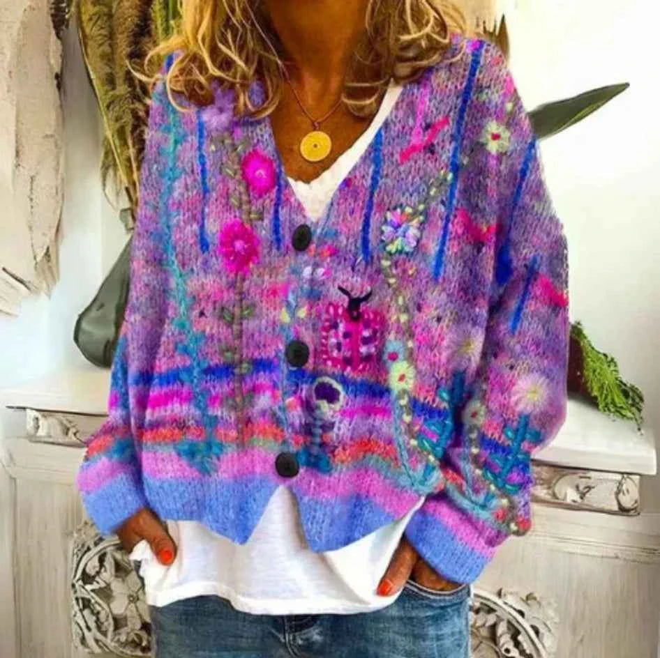 Women's V-neck Button-front Long Sleeve Striped Cardigan Violet
