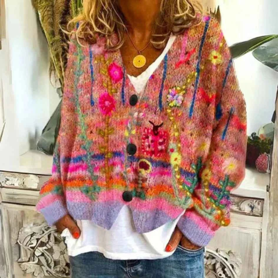 Women's V-neck Button-front Long Sleeve Striped Cardigan Red