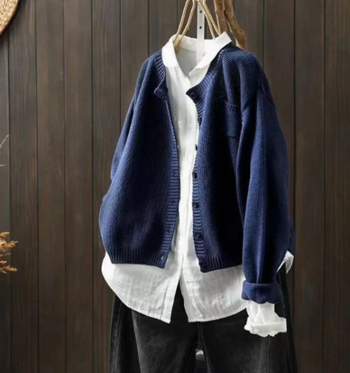Women's Oversized Button Front Knit Cardigan Sweater Dark Blue
