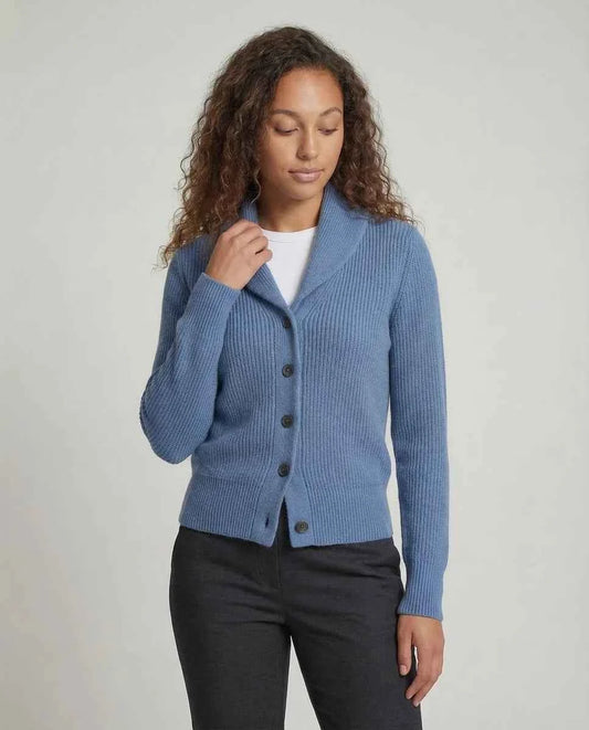 Women's Black Ribbed Knit Shawl Lapel Button Front Cardigan
