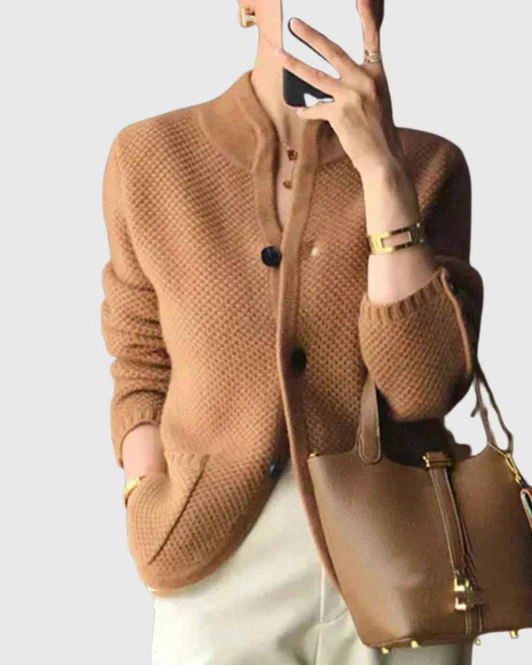 Women's Waffle Knit Cardigan Sweater with Stand Collar and Buttons