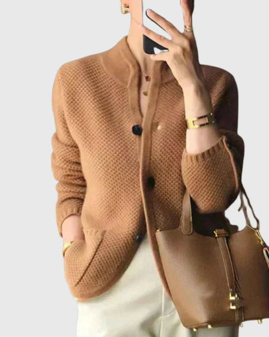 Women's Waffle Knit Cardigan Sweater with Stand Collar and Buttons Brown