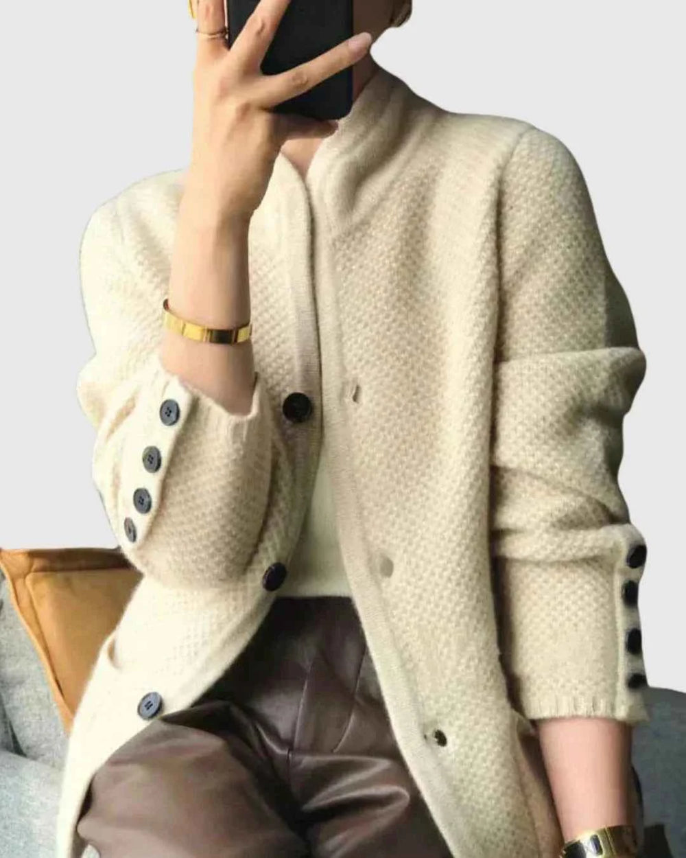Women's Waffle Knit Cardigan Sweater with Stand Collar and Buttons
