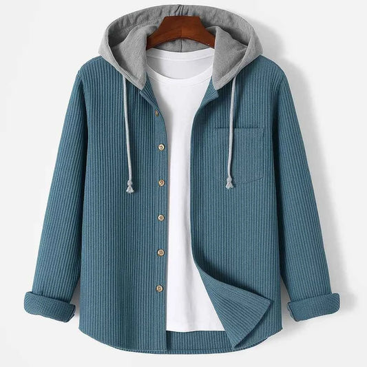 Women's Corduroy Button-front Drawstring Long Sleeve Hoodie Coastal Blue
