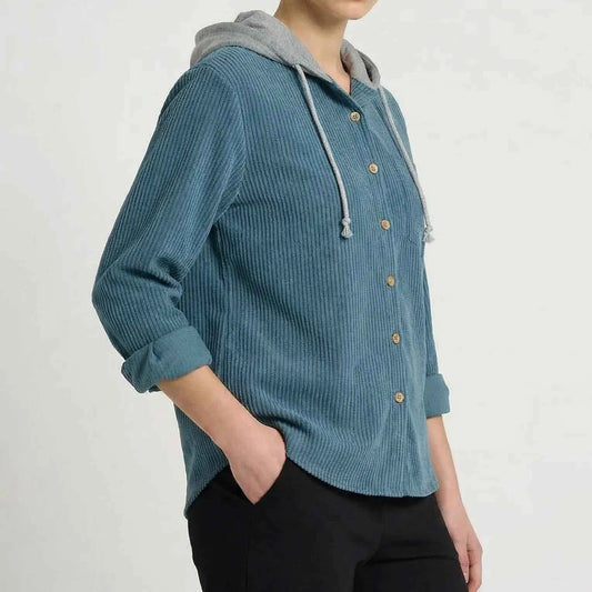 Women's Corduroy Button-front Drawstring Long Sleeve Hoodie