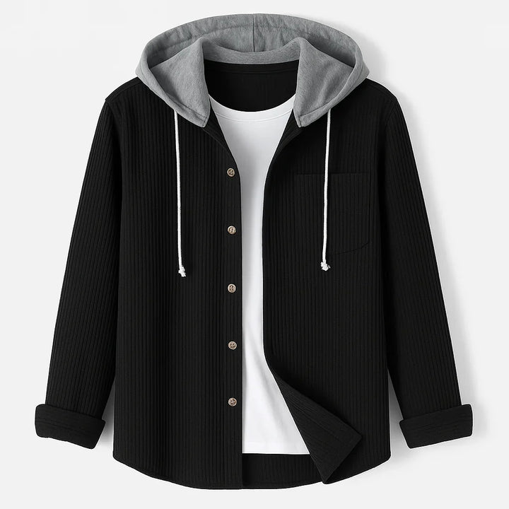 Women's Corduroy Long Sleeve Hoodie Button Front Shirt Black