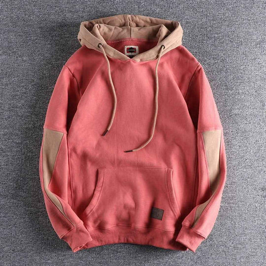 Men's Black Cotton Colorblock Drawstring Kangaroo Pocket Hoodie Red