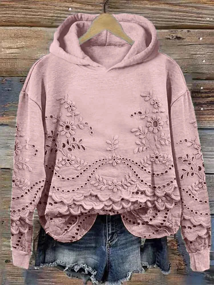 Women's Floral Eyelet Scalloped Hem Long Sleeve Hoodie