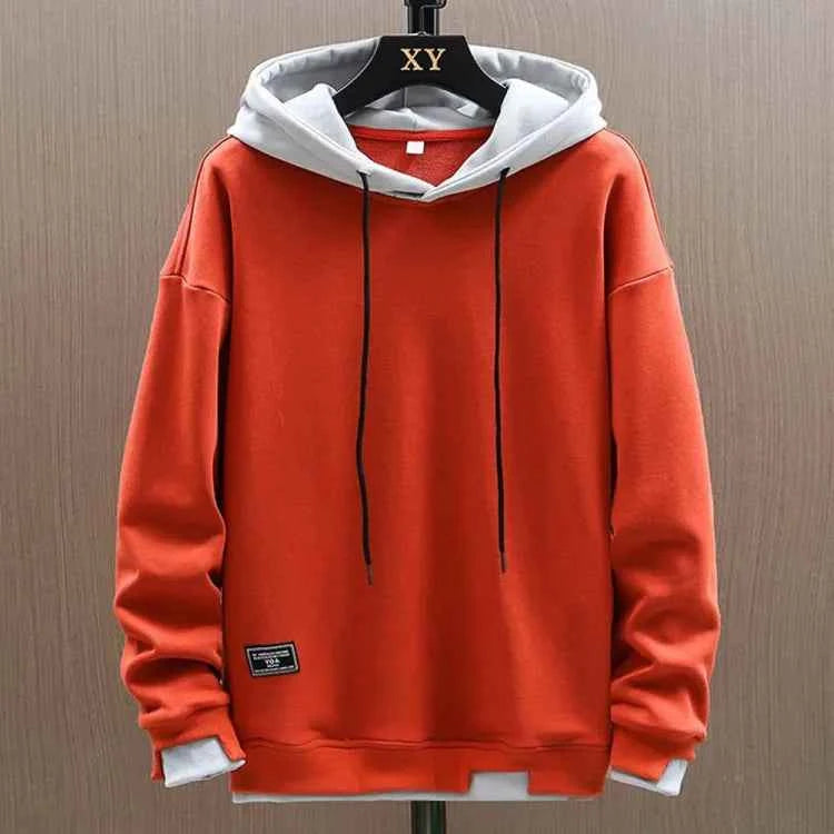 Women's Black Relaxed Fit Layered Hood Drawstring Hoodie Orange
