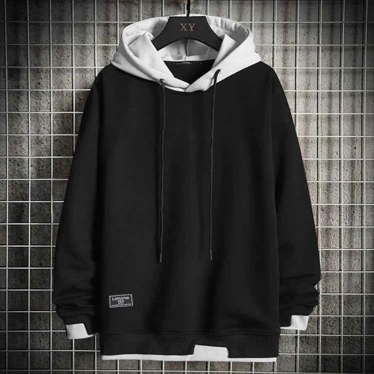Women's Black Relaxed Fit Layered Hood Drawstring Hoodie Black