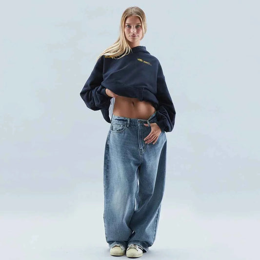 Women's Oversized Cropped Drawstring Kangaroo Pocket Hoodie