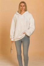 Women's Cotton Relaxed Fit Drawstring Textured Ribbed Cuffs Hoodie White