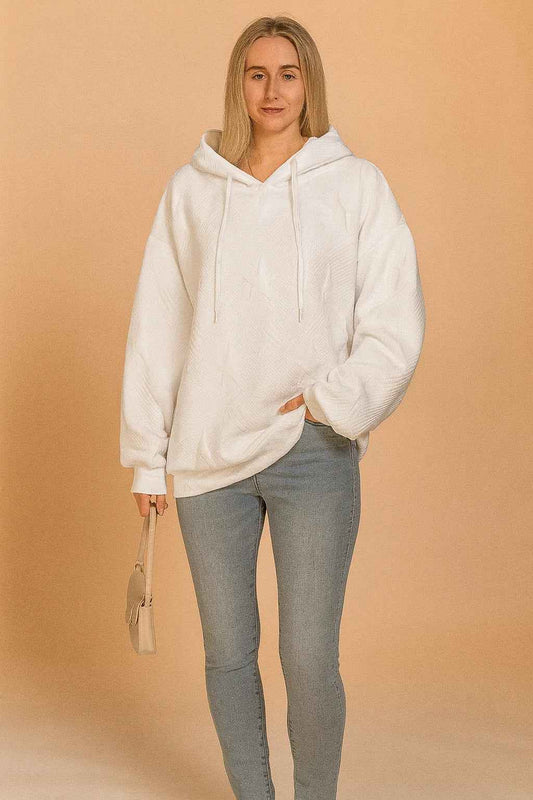 Women's Cotton Relaxed Fit Drawstring Textured Ribbed Cuffs Hoodie White