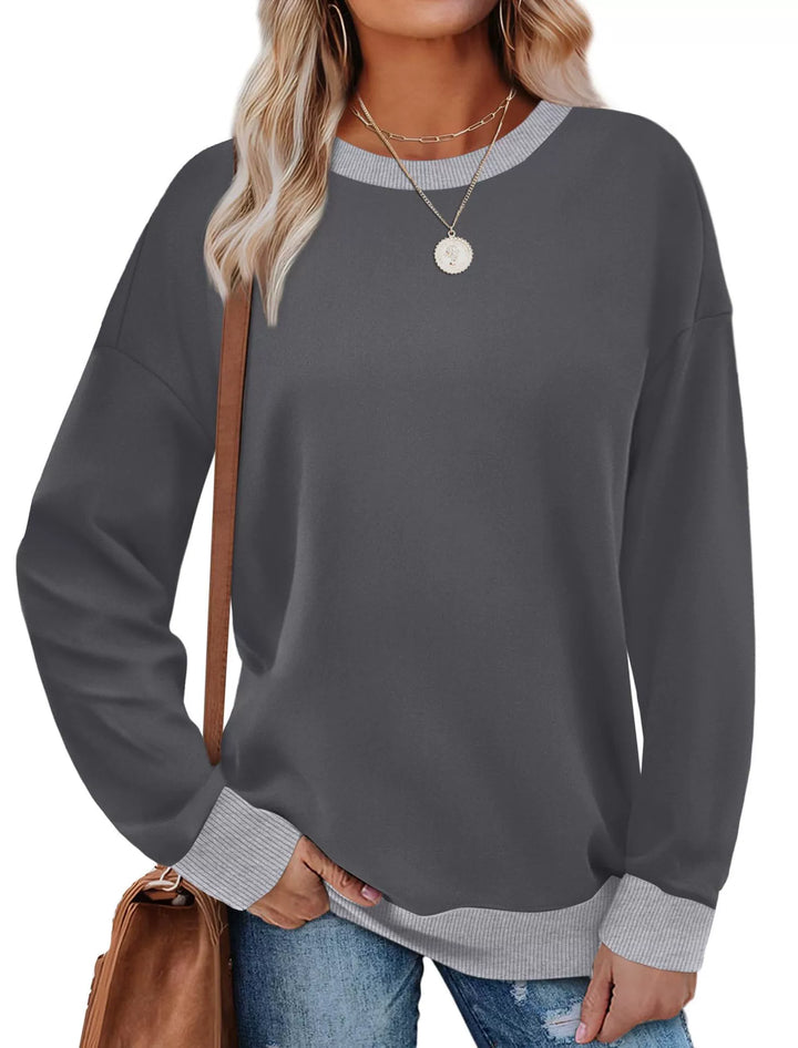 Women's Crew Neck Long Sleeve Sweatshirt with Contrast Trim F-Gray