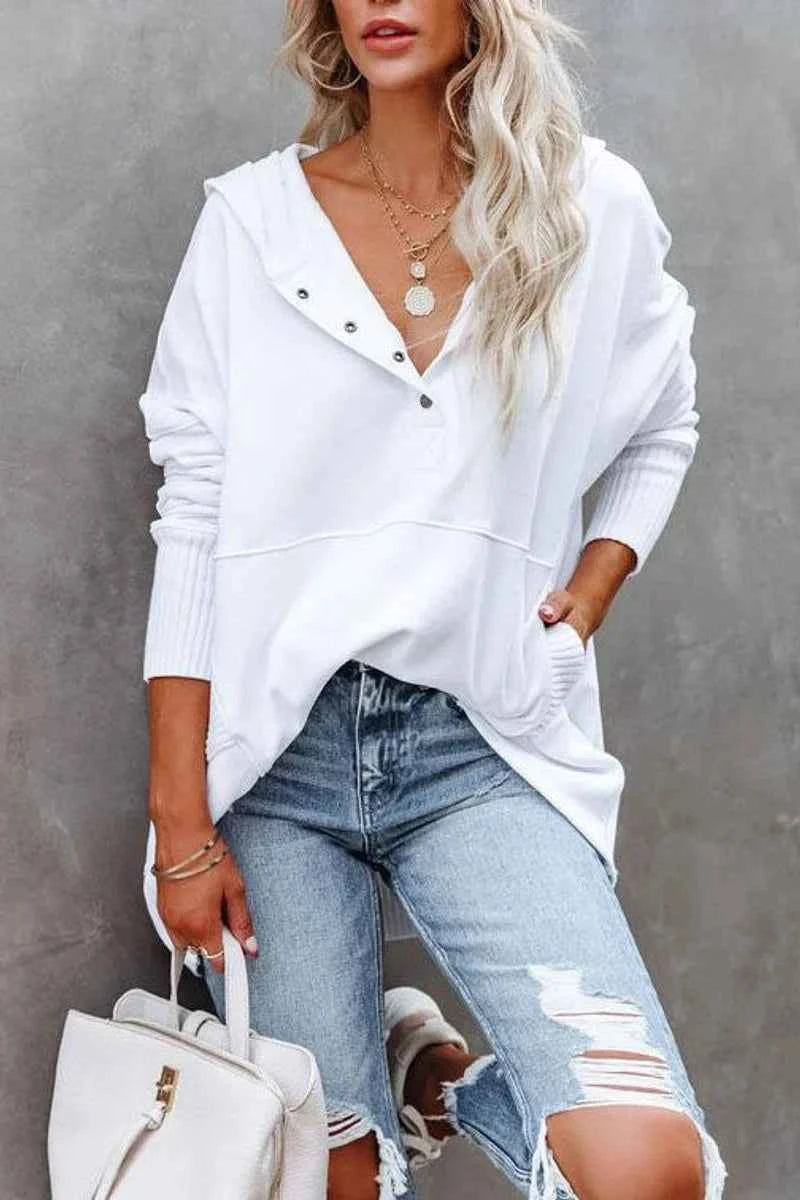 Women's Hooded Long Sleeve Tunic Sweatshirt with Snap V-Neck