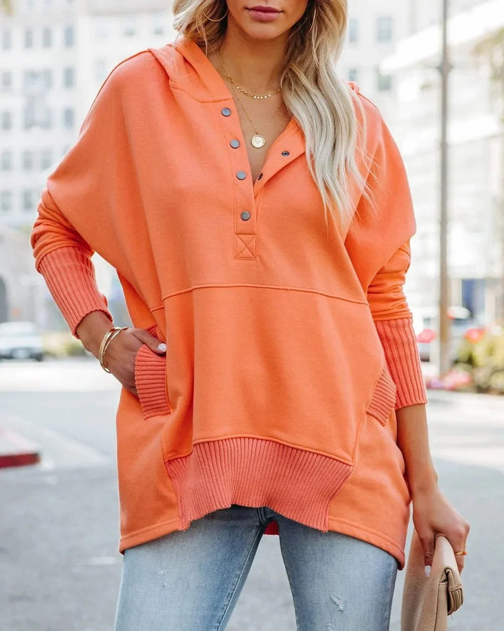 Women's Hooded Long Sleeve Tunic Sweatshirt with Snap V-Neck Orange