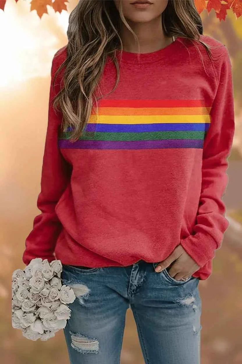 Women's Retro Rainbow Stripe Crewneck Long Sleeve Sweatshirt