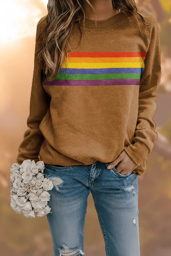 Women's Retro Rainbow Stripe Crewneck Long Sleeve Sweatshirt Yellow