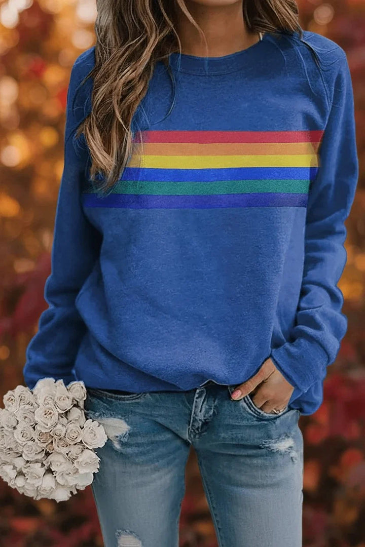 Women's Retro Rainbow Stripe Crewneck Long Sleeve Sweatshirt Blue
