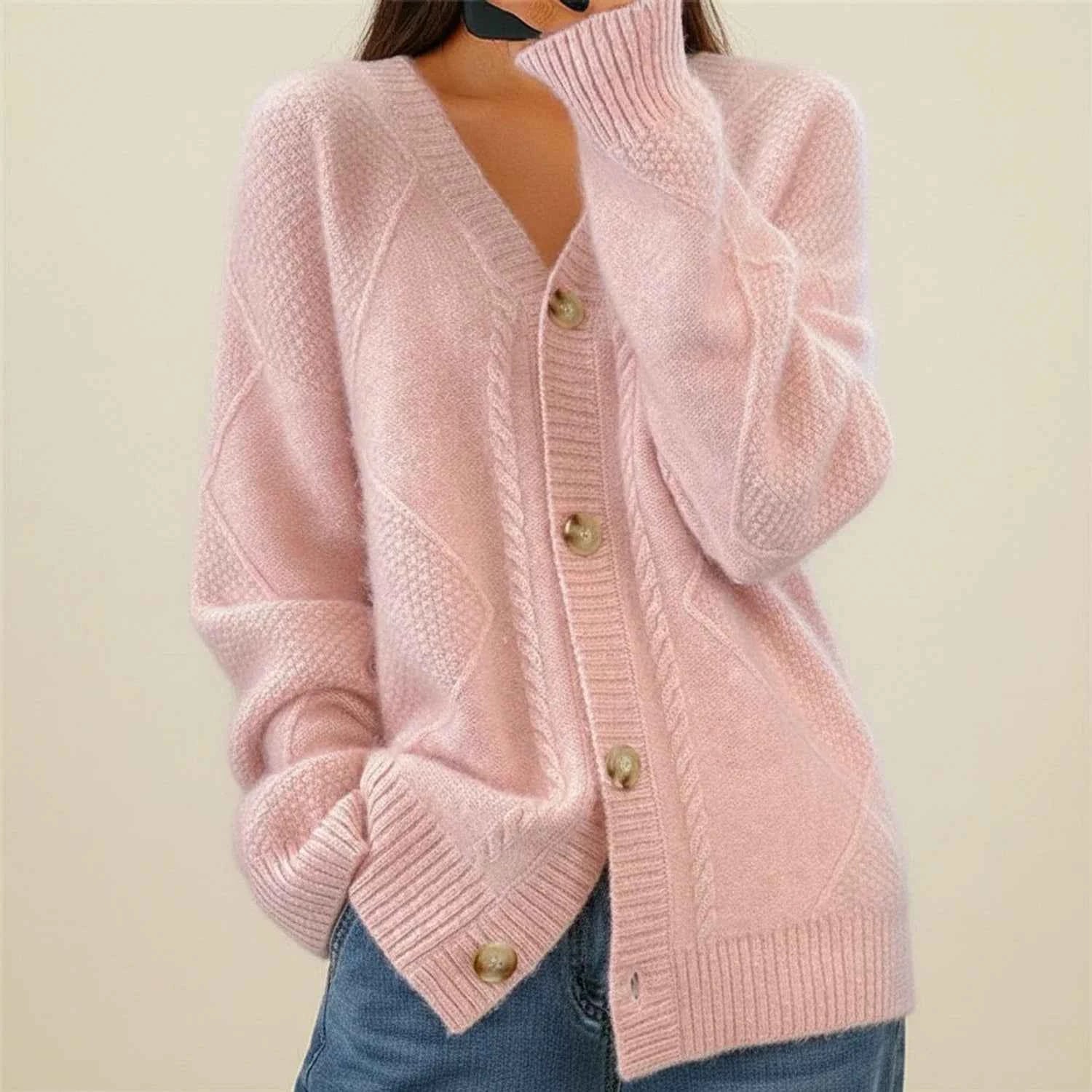 Women's Button-Front Knit Winter Cardigan Pink