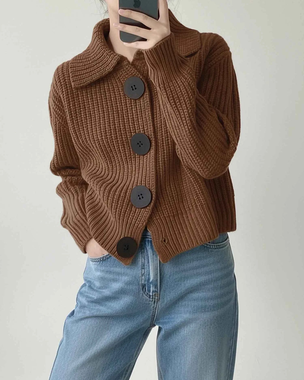 Women's Cropped Knit Collar Cardigan Sweater Brown One Size Fits All