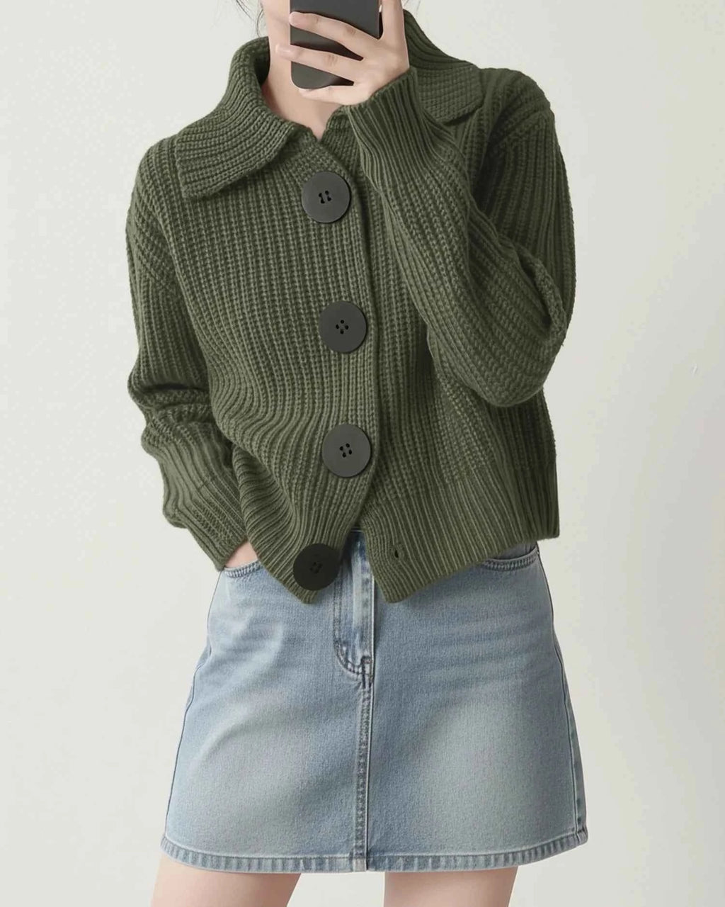 Women's Cropped Knit Collar Cardigan Sweater Green One Size Fits All