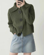 Women's Cropped Knit Collar Cardigan Sweater Green One Size Fits All