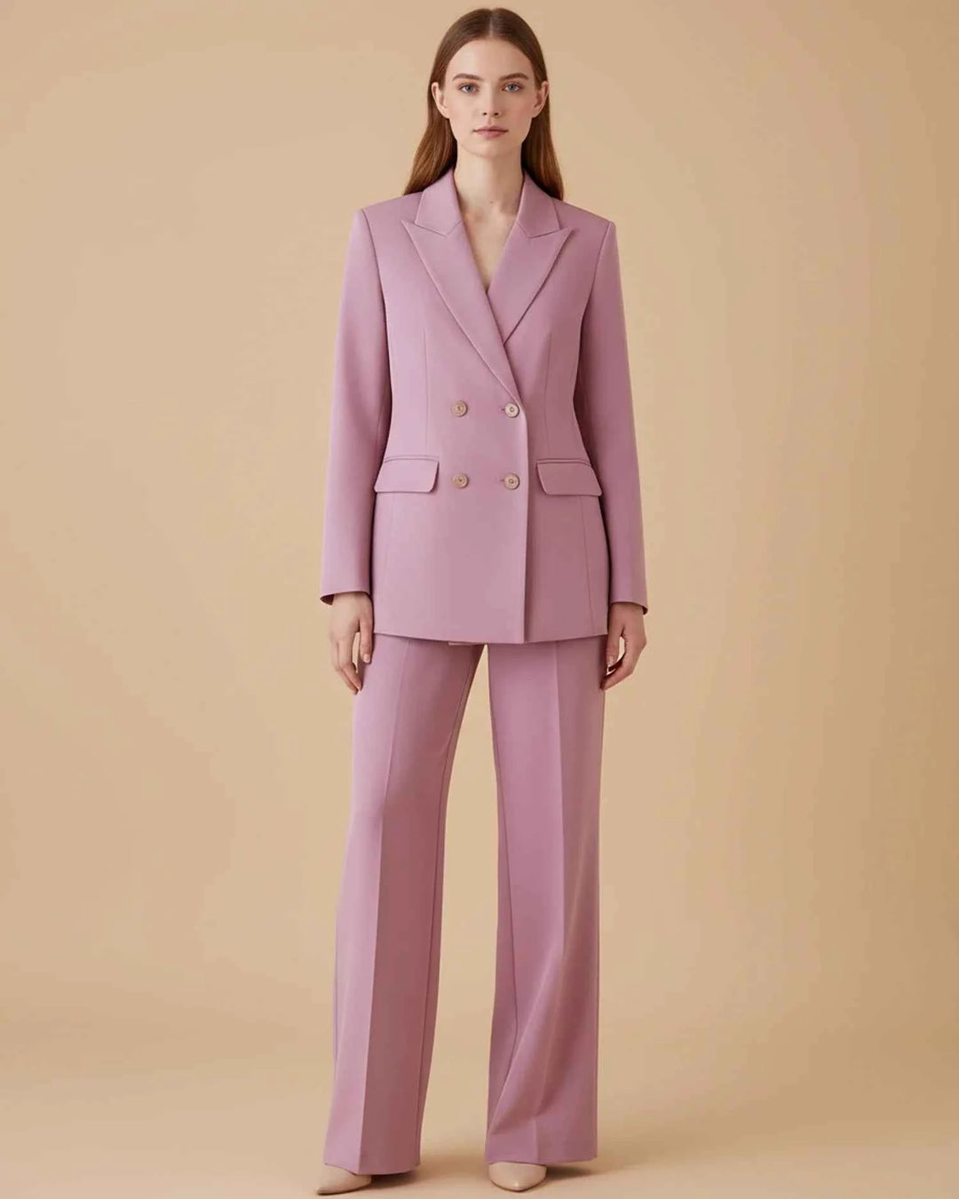 Women's Formal Double-Breasted Pant Suit Pink
