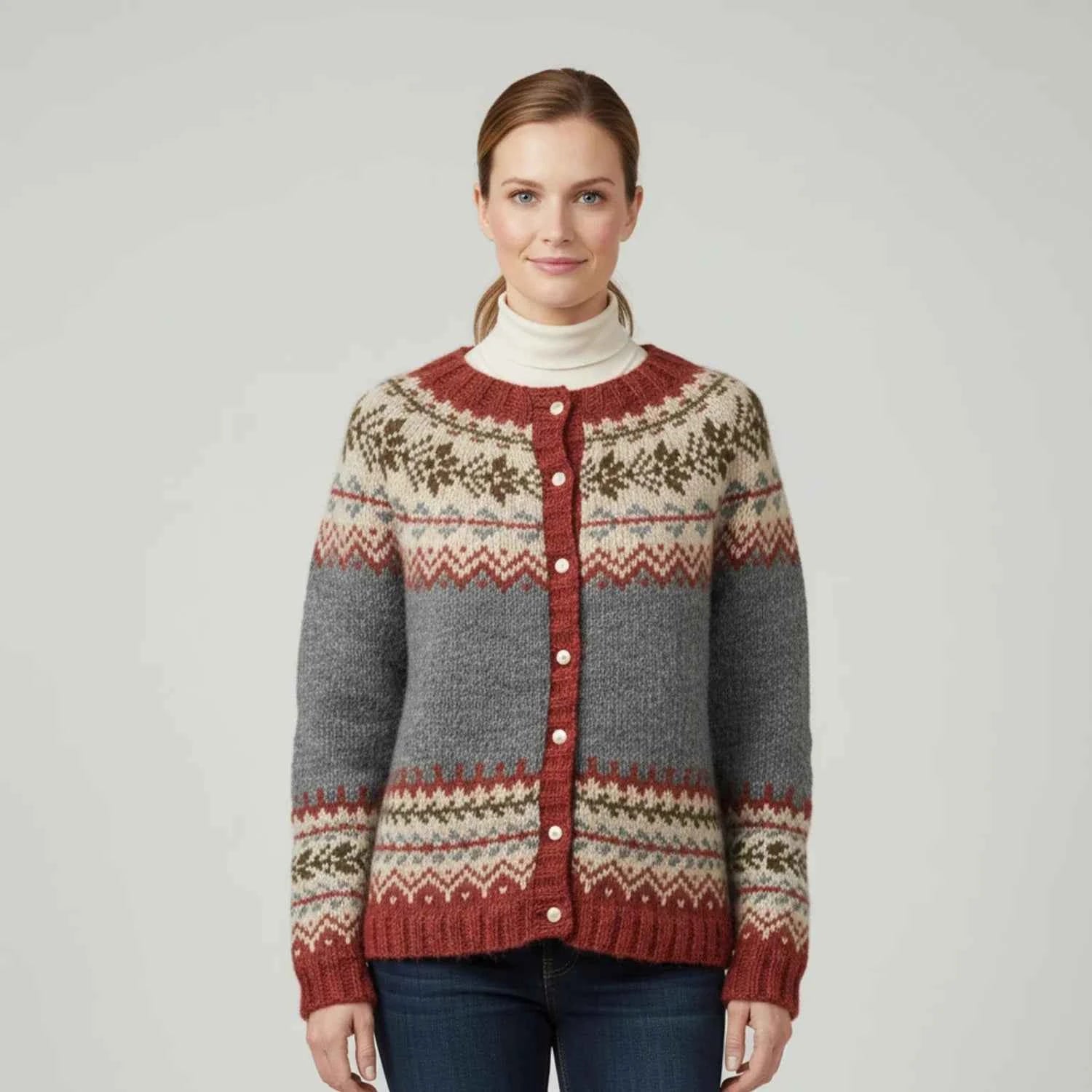 Women's Fair Isle Pattern Cardigan Sweater Gray