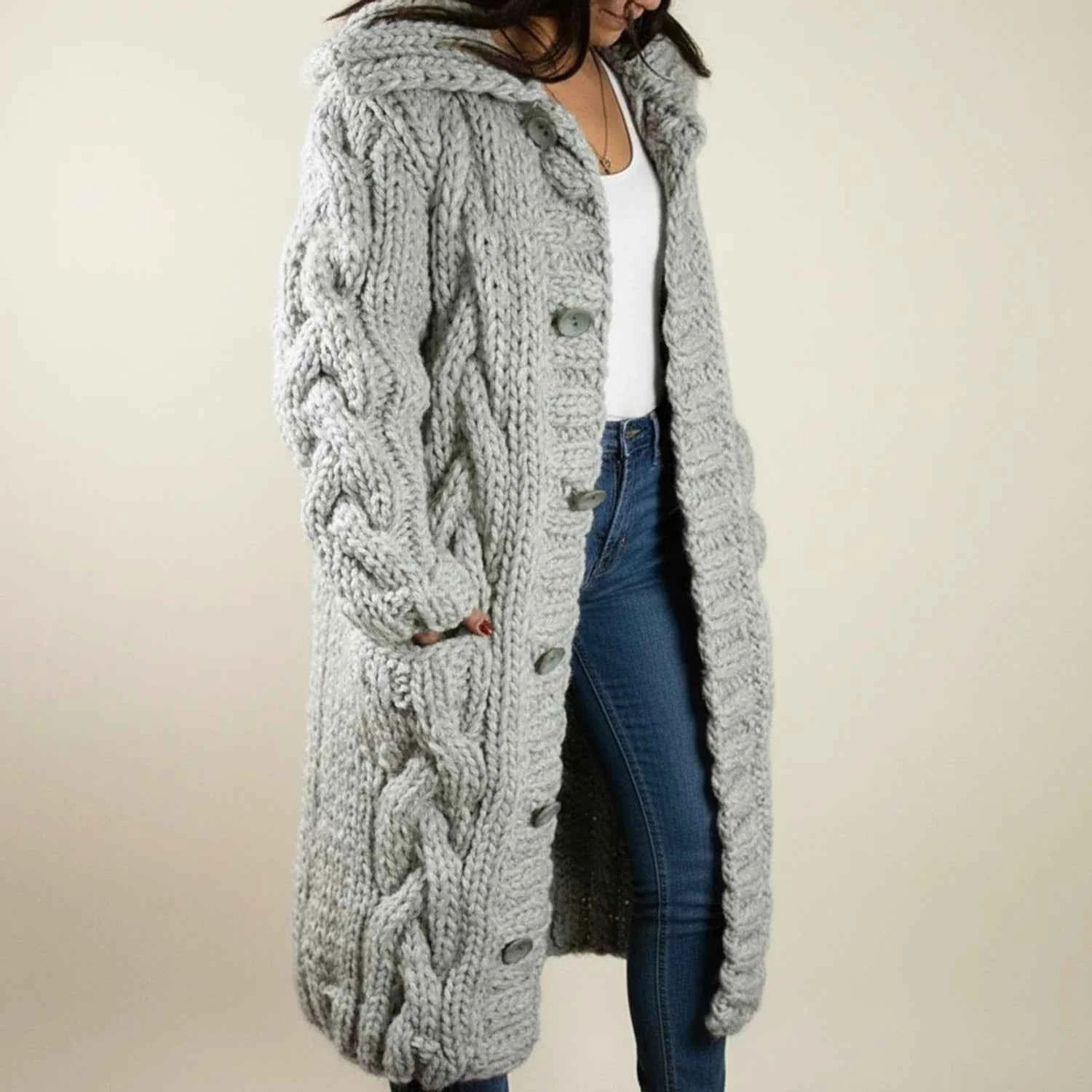 Women's Hooded Long Winter Cardigan Light Grey