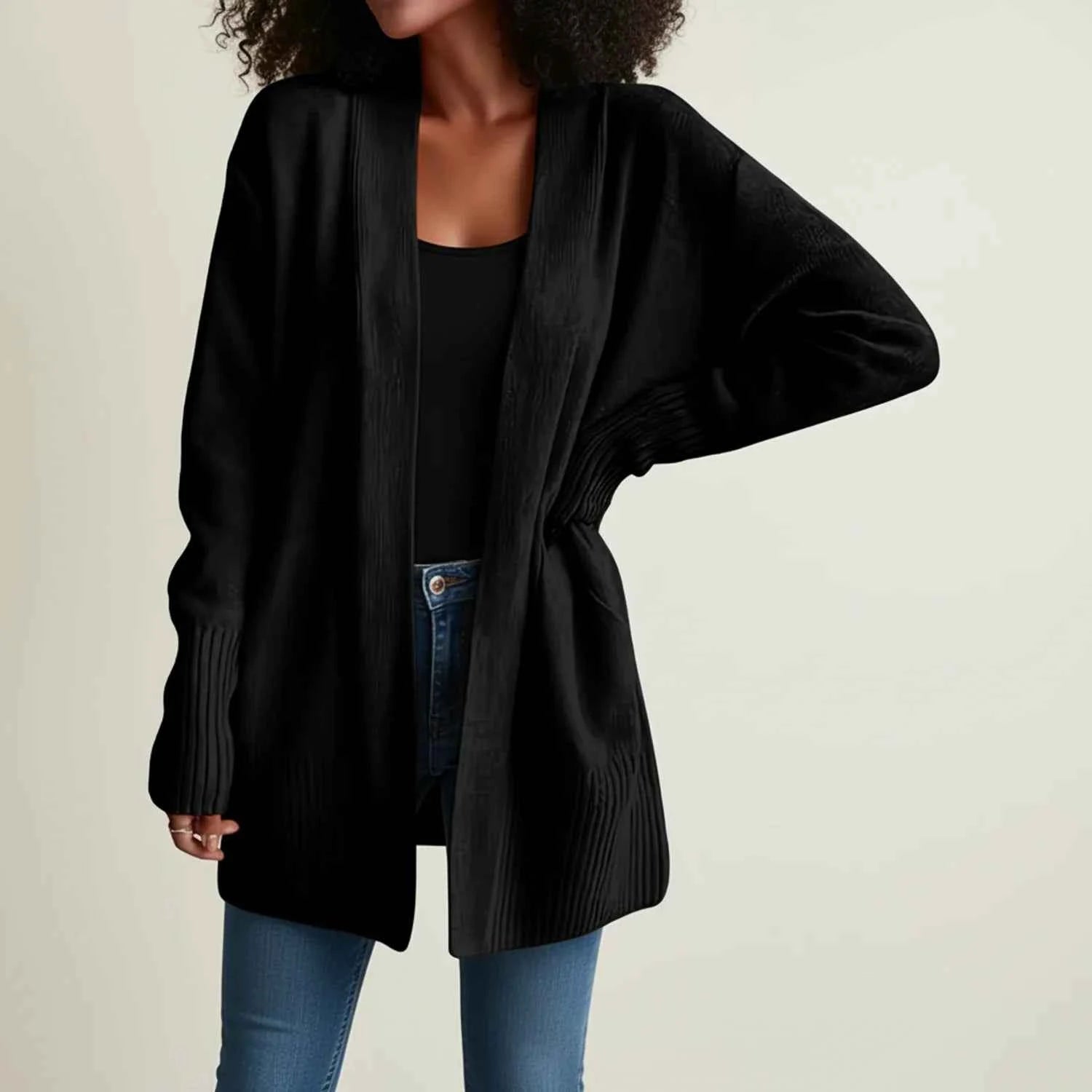 Women's Mid-Length Open-Front Cardigan Black
