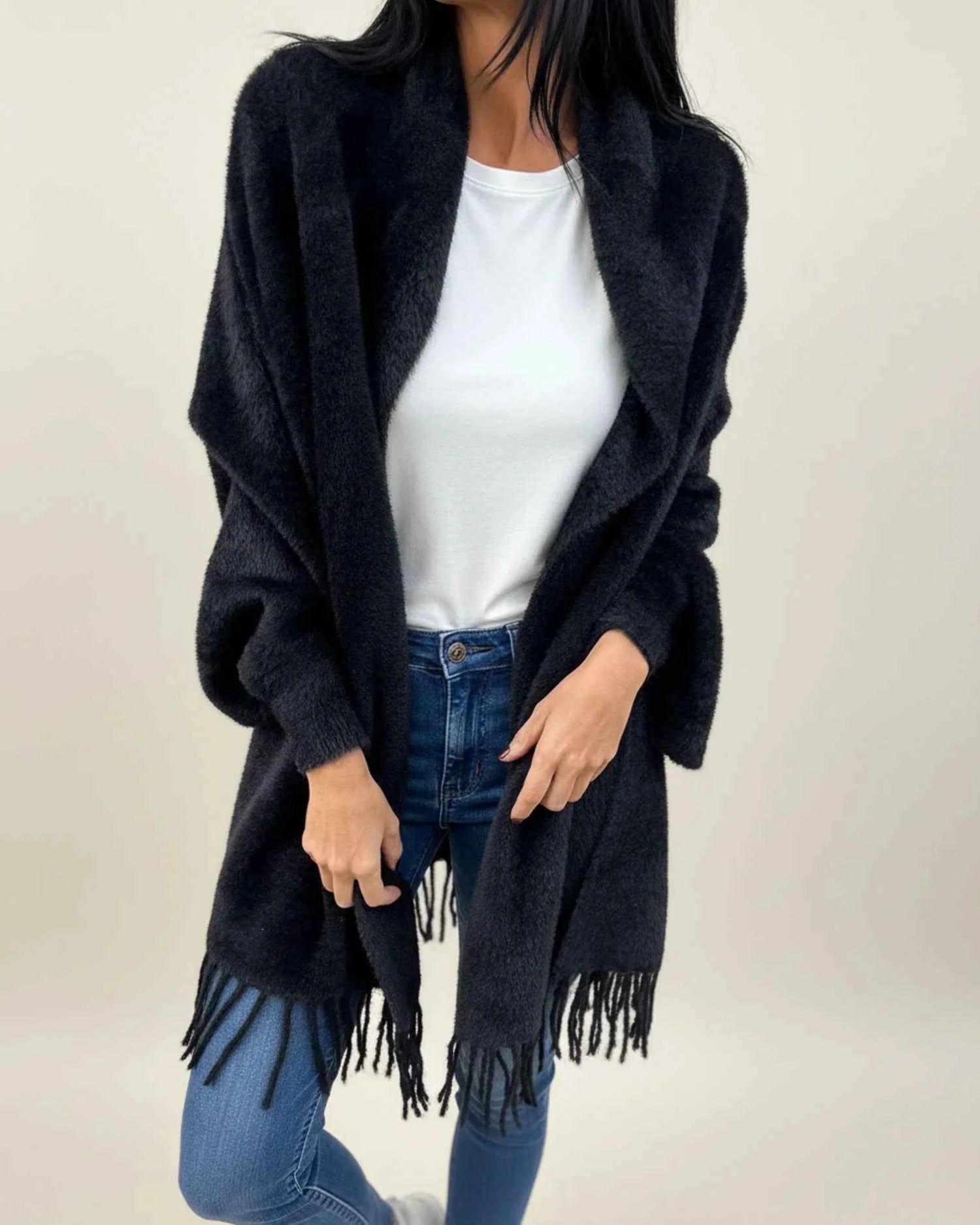 Women's Relaxed Fit Open Front Winter Cardigan Black