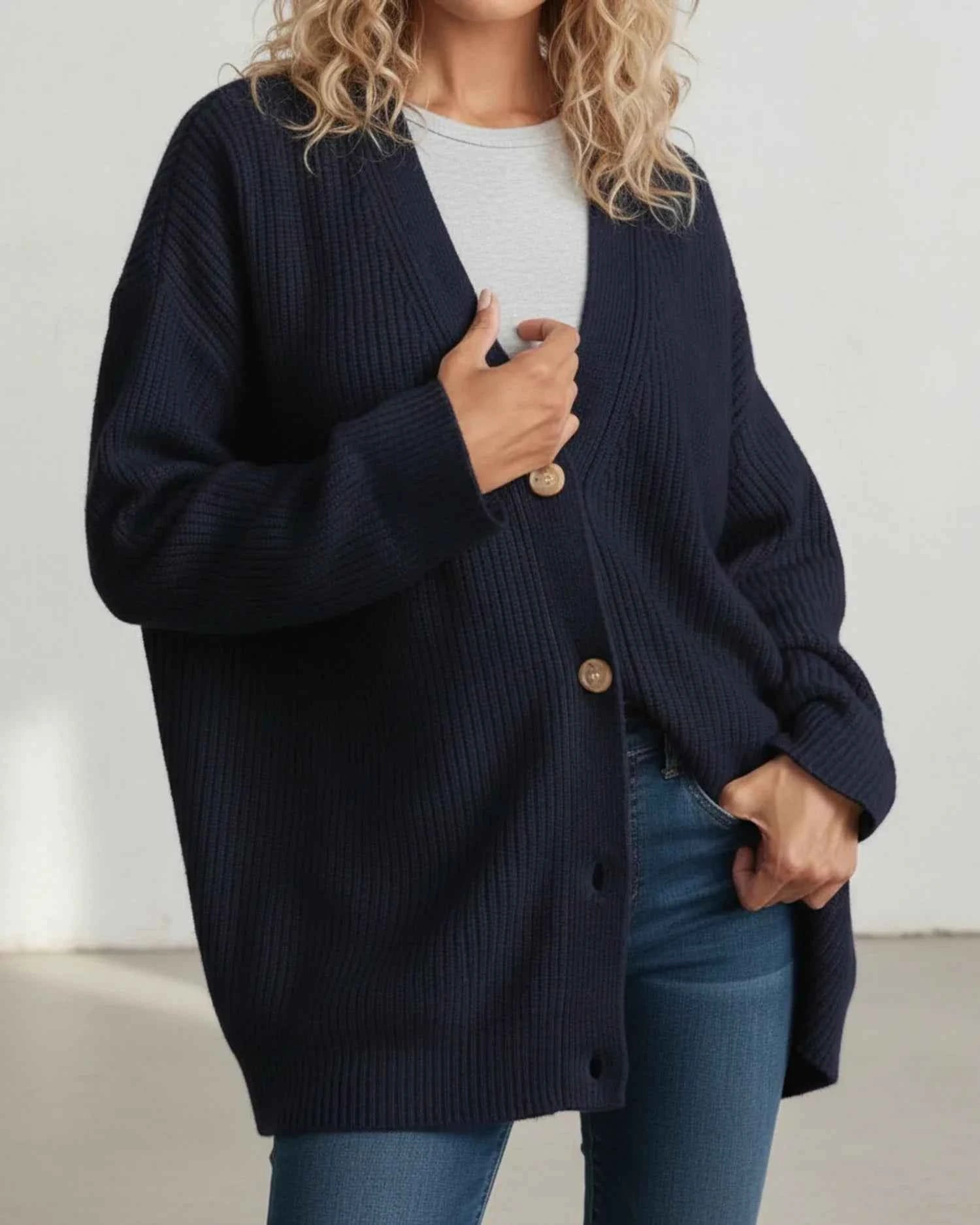 Women's Relaxed Fit Winter Cardigan with Buttons Navy Blue
