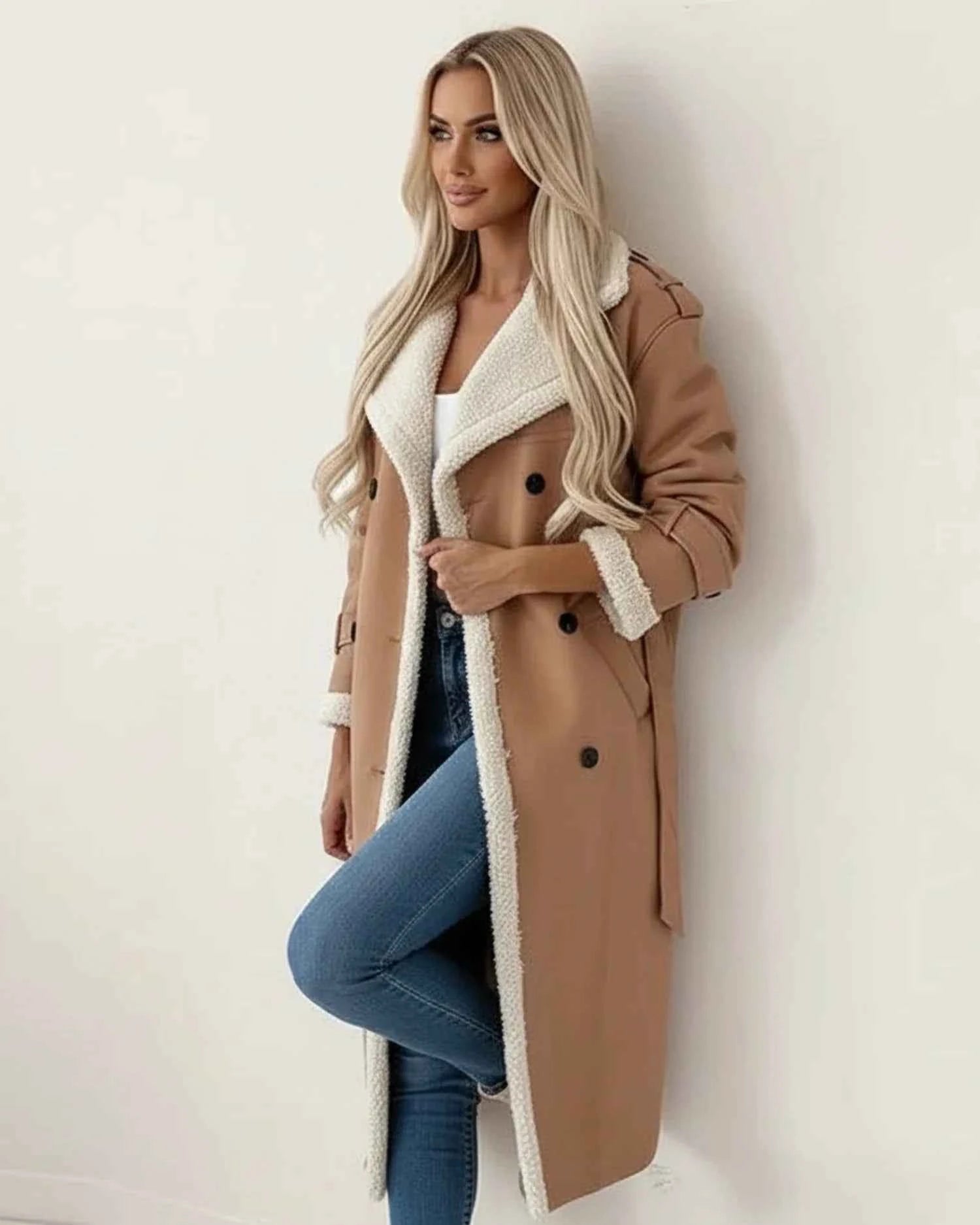 Women's Long Sherpa Winter Coat Khaki