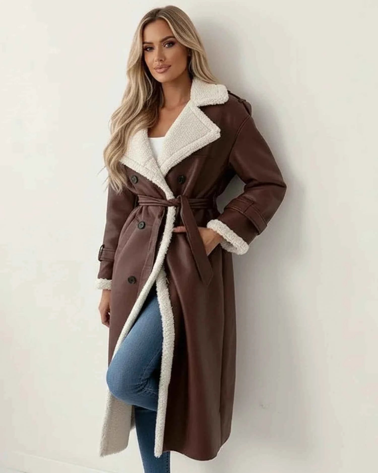 Women's Long Sherpa Winter Coat Brown