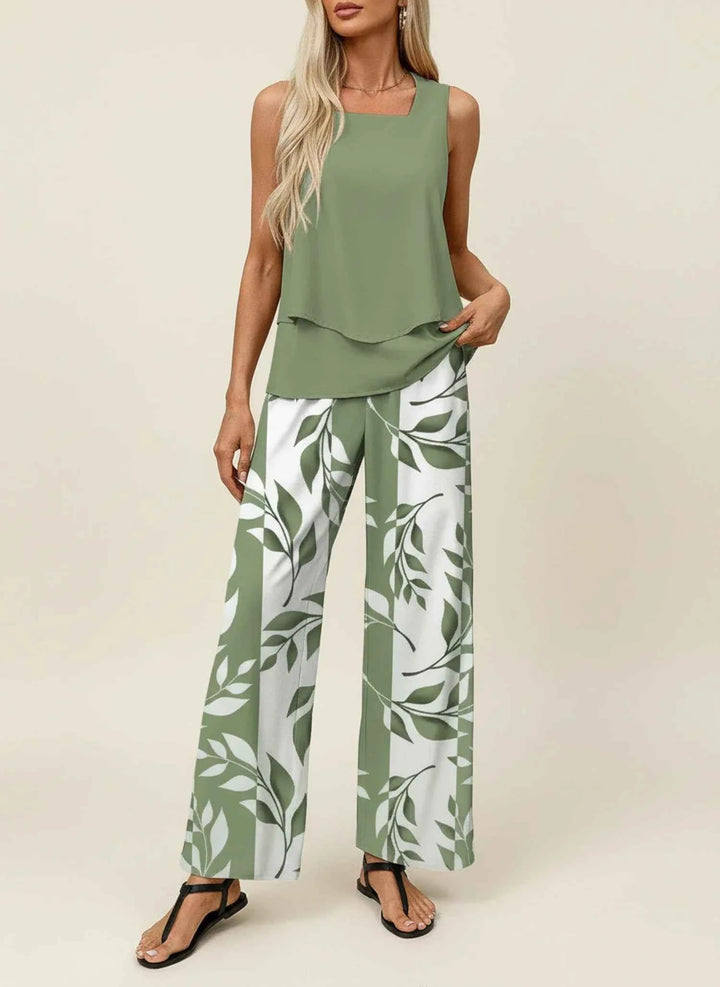 Women's Sleeveless Pant Set Green White