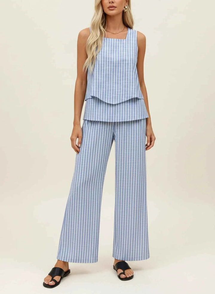 Women's Sleeveless Pant Set Blue Striped
