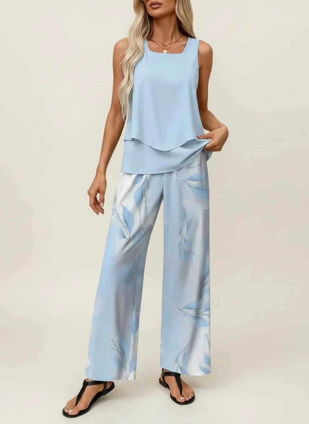Women's Sleeveless Pant Set Blue Floral