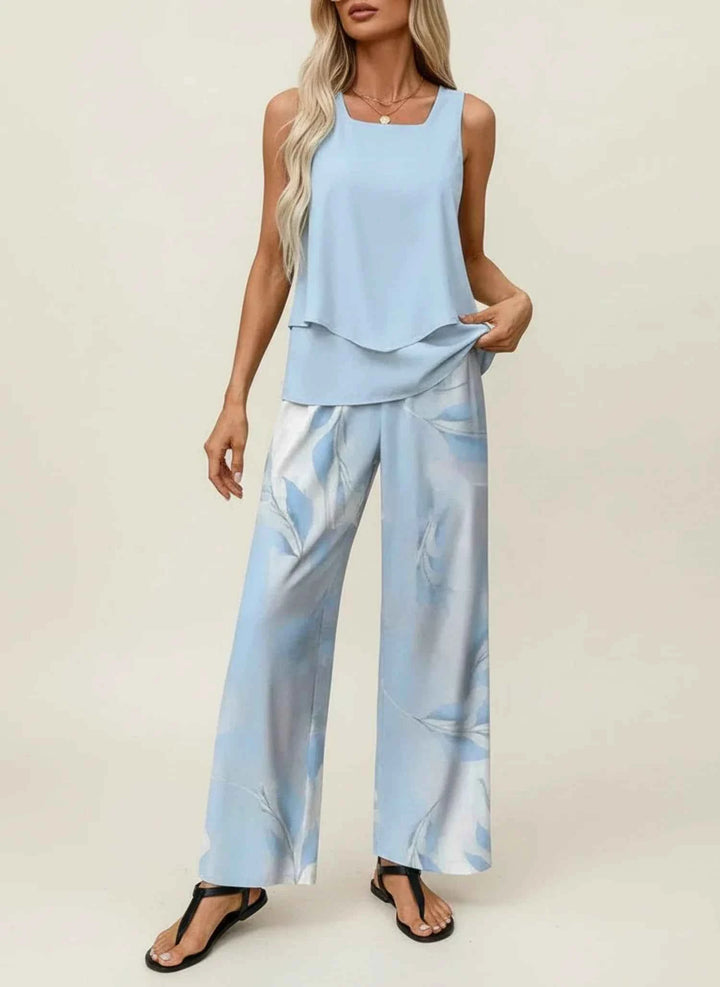 Women's Sleeveless Pant Set Blue Floral