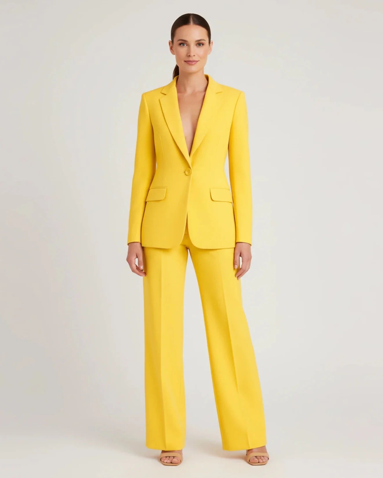 Women's Chic Tailored Long Blazer Suit Set Yellow