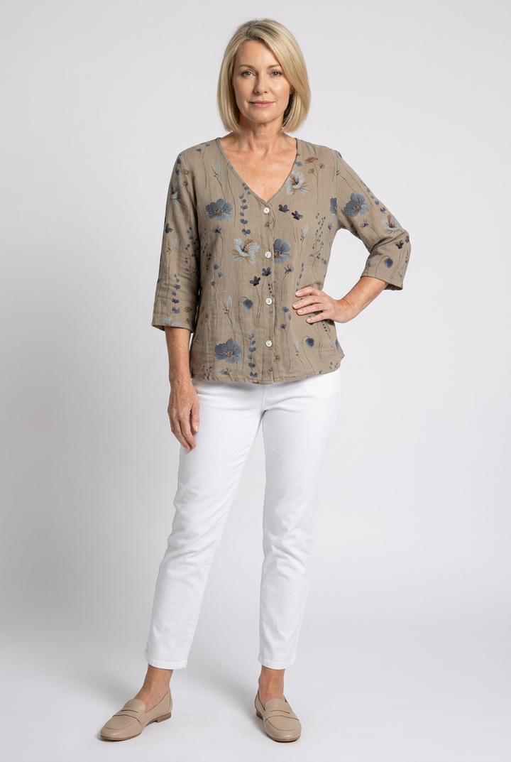 Women's Embroidered V-Neck Blouse with Soft Three-Quarter Sleeves