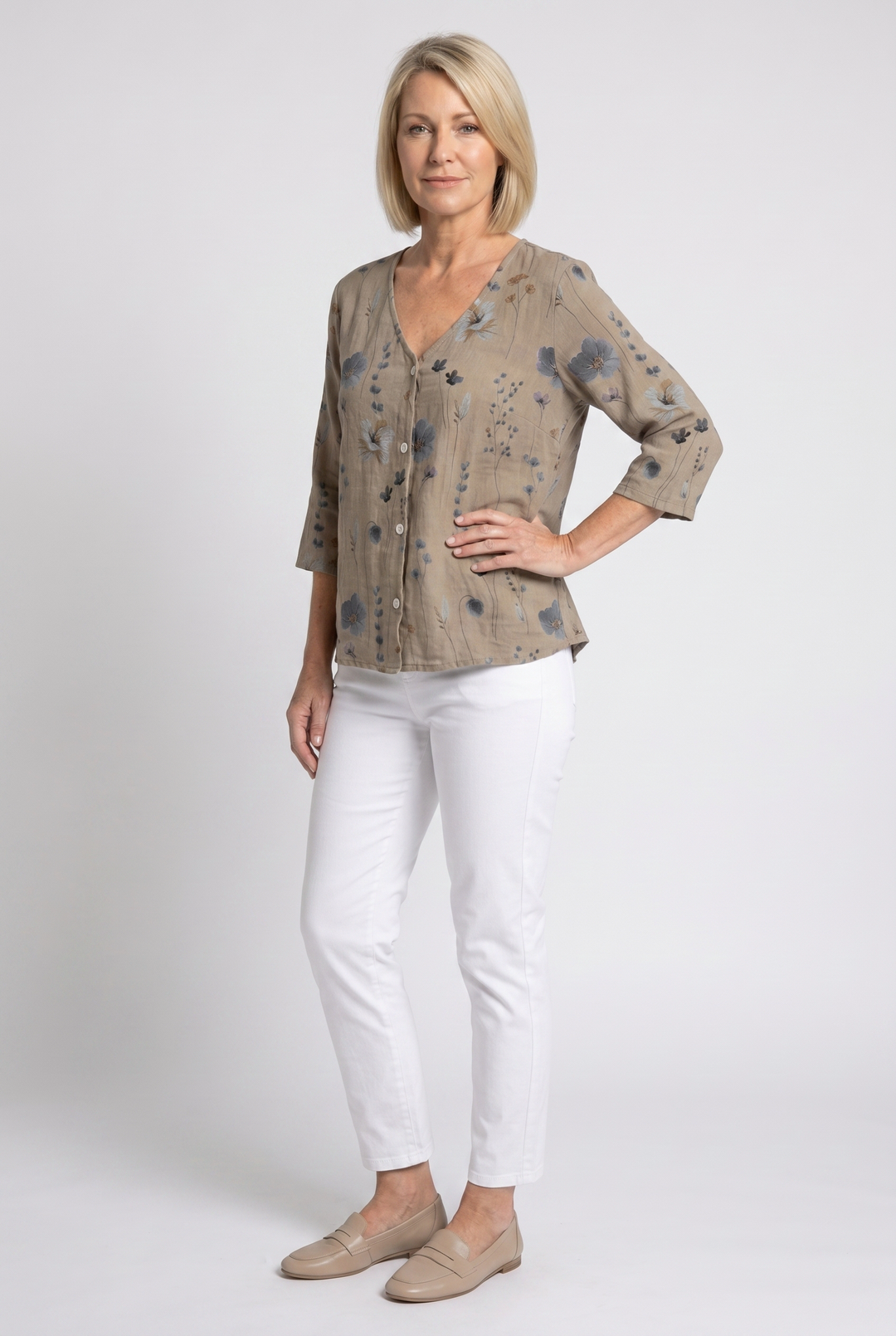 Women's Embroidered V-Neck Blouse with Soft Three-Quarter Sleeves