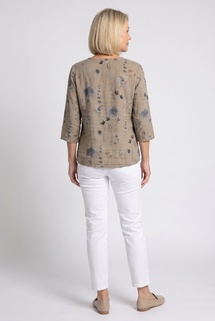 Women's Embroidered V-Neck Blouse with Soft Three-Quarter Sleeves