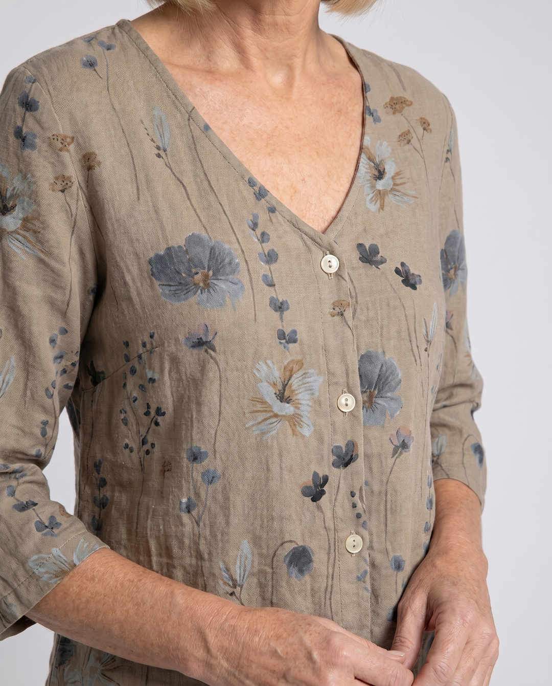 Women's Embroidered V-Neck Blouse with Soft Three-Quarter Sleeves