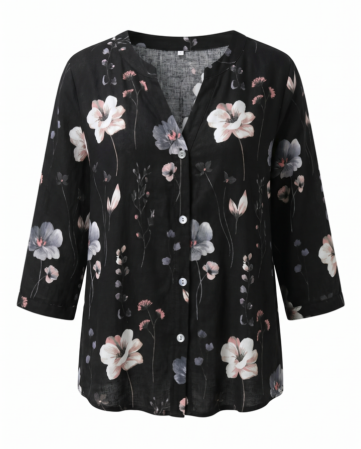 Women's Embroidered V-Neck Blouse with Soft Three-Quarter Sleeves